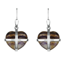 Sterling Silver Blue John Small Cross Heart Drop Earrings E1287