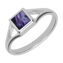 Sterling Silver Blue John Square Split Shoulder Ring. R063.