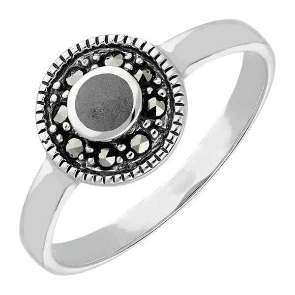 Sterling Silver Hematite Marcasite Beaded Edge Ring R747