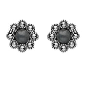 Sterling Silver Hematite Marcasite Round Edge Bead Stud Earrings E1635