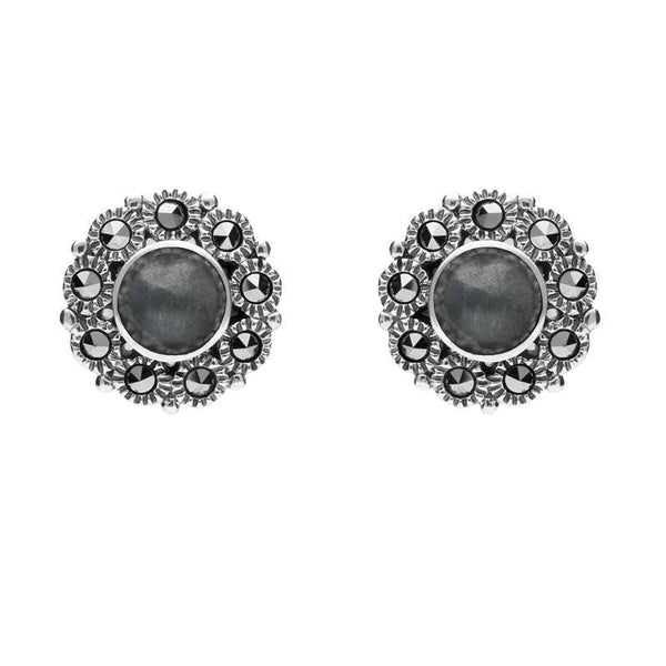 Sterling Silver Hematite Marcasite Round Stud Earrings E1634