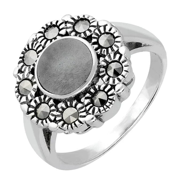 Sterling Silver Hematite Vintage Round Centre Marcasite Ring R821