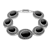 Silver Whitby Jet and Marcasite 7 Oval Link Bracelet. B877.