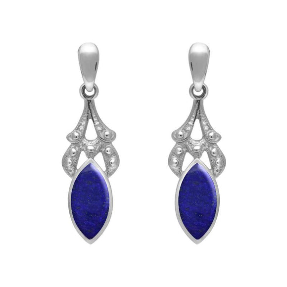 Sterling Silver Lapis Lazuli Marquise Drop Earrings. E075.