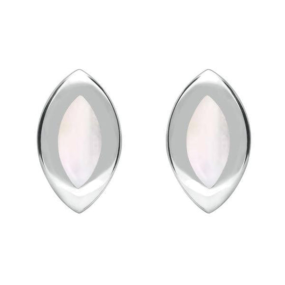 Sterling Silver Mother of Pearl Framed Marquise Stud Earrings. E561.