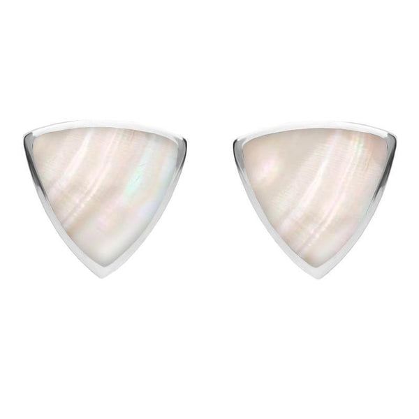 Sterling Silver Mother of Pearl Large Curved Triangle Stud Earrings. E209.