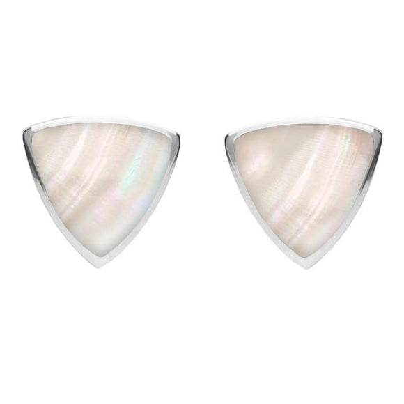 Sterling Silver Mother of Pearl Large Curved Triangle Stud Earrings. E209.