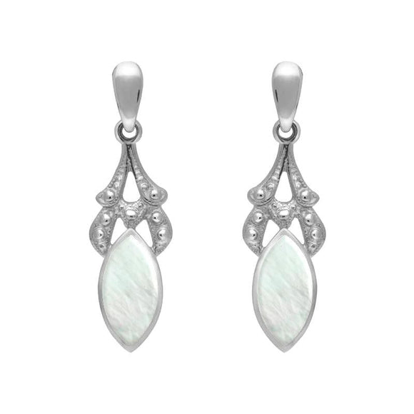 Sterling Silver Mother of Pearl Marquise Drop Earrings. E075.