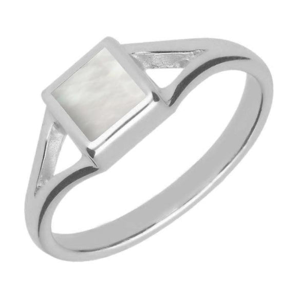 Sterling Silver Mother of Pearl Square Split Shoulder Ring. R063.