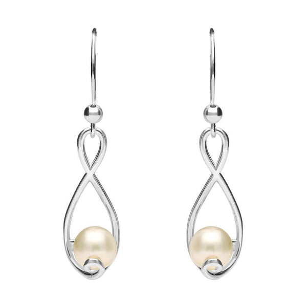 Sterling Silver Pearl Open Twist Drop Earrings. e1890.