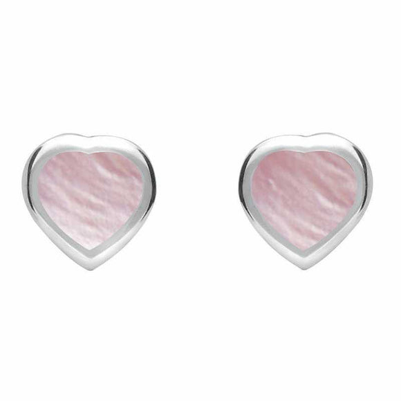 Sterling Silver Pink Mother Of Pearl Small Framed Heart Stud Earrings. E763.