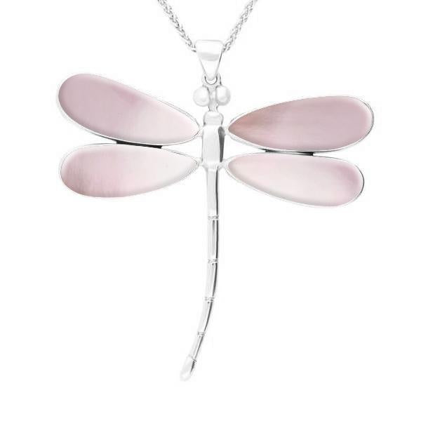 Sterling Silver Pink Mother of Pearl Four Stone Large Dragonfly Necklace. P460.