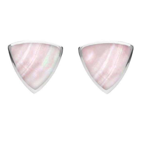 Sterling Silver Pink Mother of Pearl Large Curved Triangle Stud Earrings. E209. 