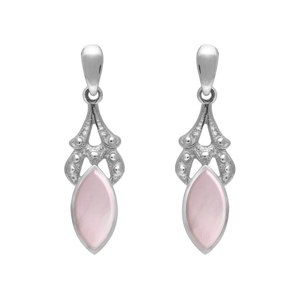 Sterling Silver Pink Mother of Pearl Marquise Drop Earrings. E075.