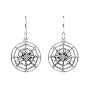 Sterling Silver Spider In Web Hook Drop Earrings