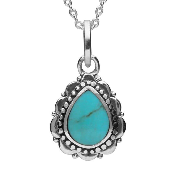 Sterling Silver Turquoise Beaded Edge Pear Shape Necklace, P2094.