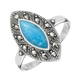 Sterling Silver Turquoise Marcasite Beaded Edge Marquise Ring. R749.