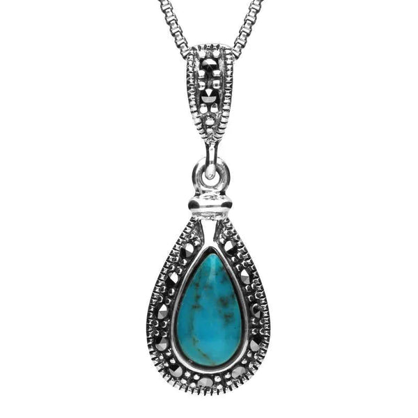 Sterling Silver Turquoise Marcasite Small Beaded Pear Necklace P2143