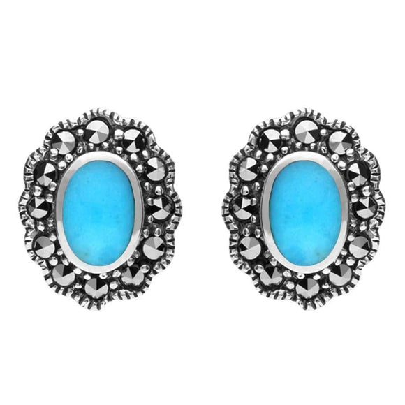 Sterling Silver Turquoise Marcasite Oval Beaded Edge Stud Earrings E1632