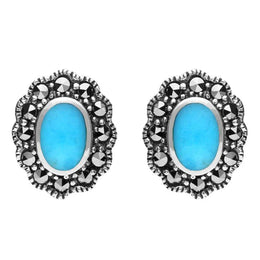 Sterling Silver Turquoise Marcasite Oval Beaded Edge Stud Earrings E1632