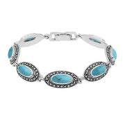 Sterling Silver Turquoise Marcasite Slim Oval Link Bracelet, B876