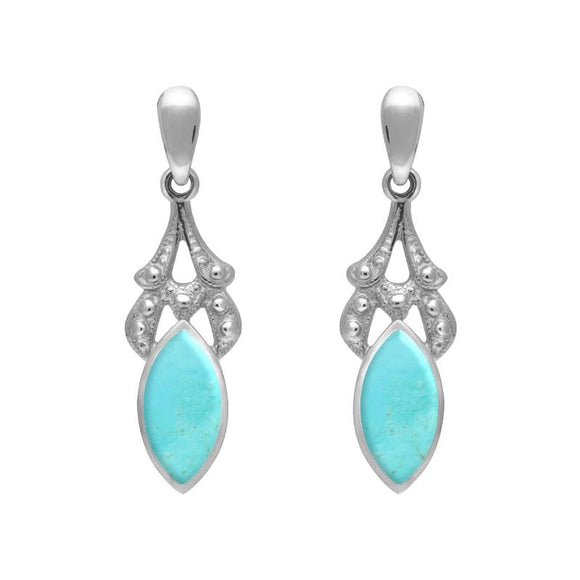 Sterling Silver Turquoise Marquise Drop Earrings. E075.