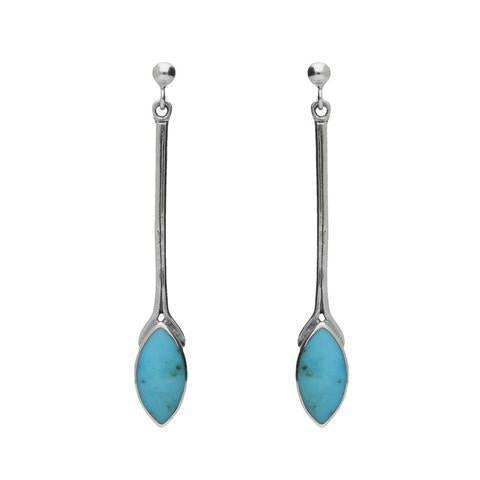 Sterling Silver Turquoise Marquise Long Drop Earrings. E131.