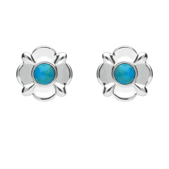 Sterling Silver Turquoise Round Four Petal Flower Stud Earrings E1624