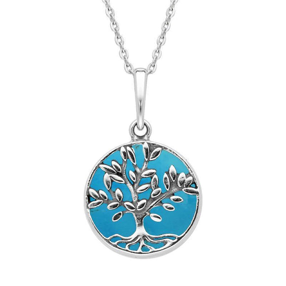 Sterling Silver Turquoise Small Round Large Leaves Tree of Life Necklace P3340