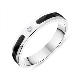 Sterling Silver Whitby Jet Diamond 4mm Patterned Wedding Band Ring R1194_4