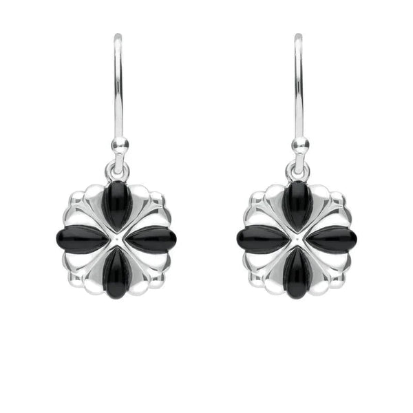 Sterling Silver Whitby Jet 4 stone Cross Drop Earrings. E1957