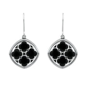 Sterling Silver Whitby Jet Abbey Large Cushion Window Drop Earrings. E2107.