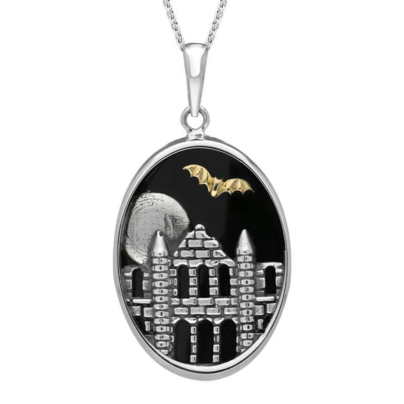 Sterling Silver Whitby Jet Abbey Moon Bat Oval Necklace P3438