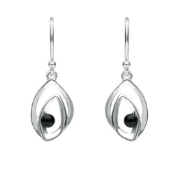 Sterling Silver Whitby Jet Abstract Flame Stone Drop Earrings. E1923