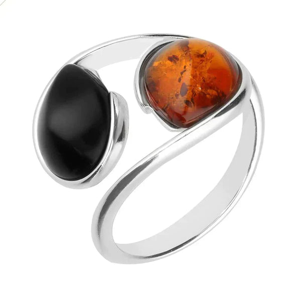 Sterling Silver Whitby Jet Amber Two Stone Pear Twist Ring R1168