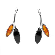 Sterling Silver Whitby Jet Amber Two Leaf Drop Stud Earrings E2433
