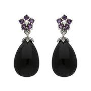 Sterling Silver Whitby Jet Amethyst Pearl Flower Drop Earrings E1701