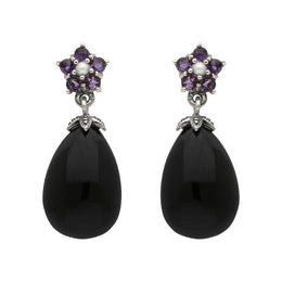 Sterling Silver Whitby Jet Amethyst Pearl Flower Drop Earrings E1701