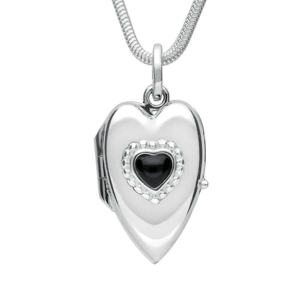 Sterling Silver Whitby Jet Beaded Edge Heart Locket. P2104