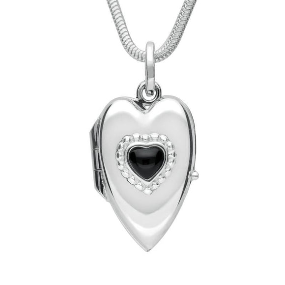 Sterling Silver Whitby Jet Beaded Edge Heart Locket. P2104