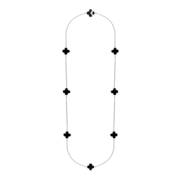 Sterling Silver Whitby Jet Bloom Eight Stone Four Leaf Clover Chain Necklet, N1042