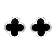 Sterling Silver Whitby Jet Bloom Four Leaf Clover Stud Earrings, E2465