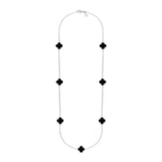 Sterling Silver Whitby Jet Bloom Seven Stone Four Leaf Clover Chain Necklet, N1040