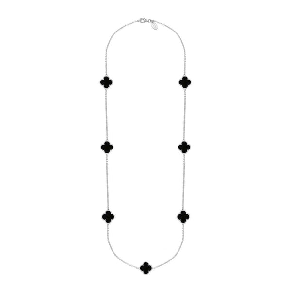 Sterling Silver Whitby Jet Bloom Seven Stone Four Leaf Clover Chain Necklet, N1040