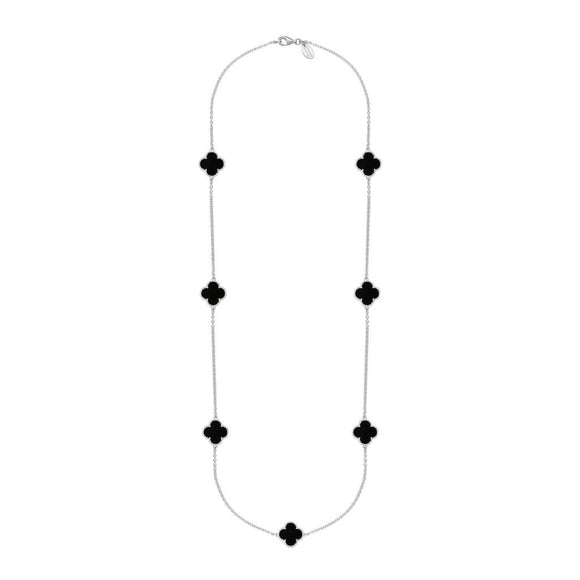 Sterling Silver Whitby Jet Bloom Seven Stone Four Leaf Clover Chain Necklet, N1040