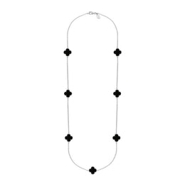 Sterling Silver Whitby Jet Bloom Seven Stone Four Leaf Clover Chain Necklet, N1040
