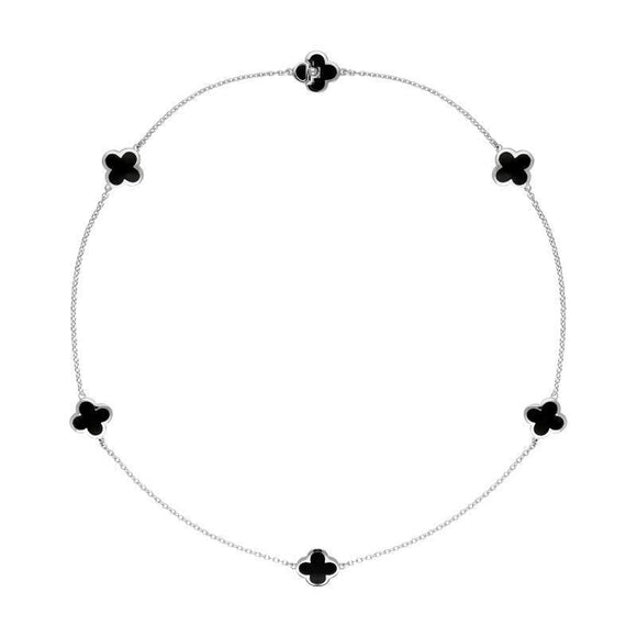 Sterling Silver Whitby Jet Bloom Six Stone Four Leaf Clover Chain Necklet, N1041