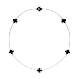 Sterling Silver Whitby Jet Bloom Six Stone Four Leaf Clover Chain Necklet, N1041