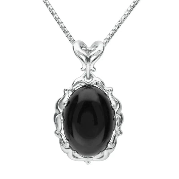 Sterling Silver Whitby Jet Carved Oval Necklace, P2742