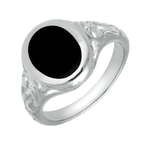 Sterling Silver Whitby Jet Carved Shoulder Oval Signet Ring. R099